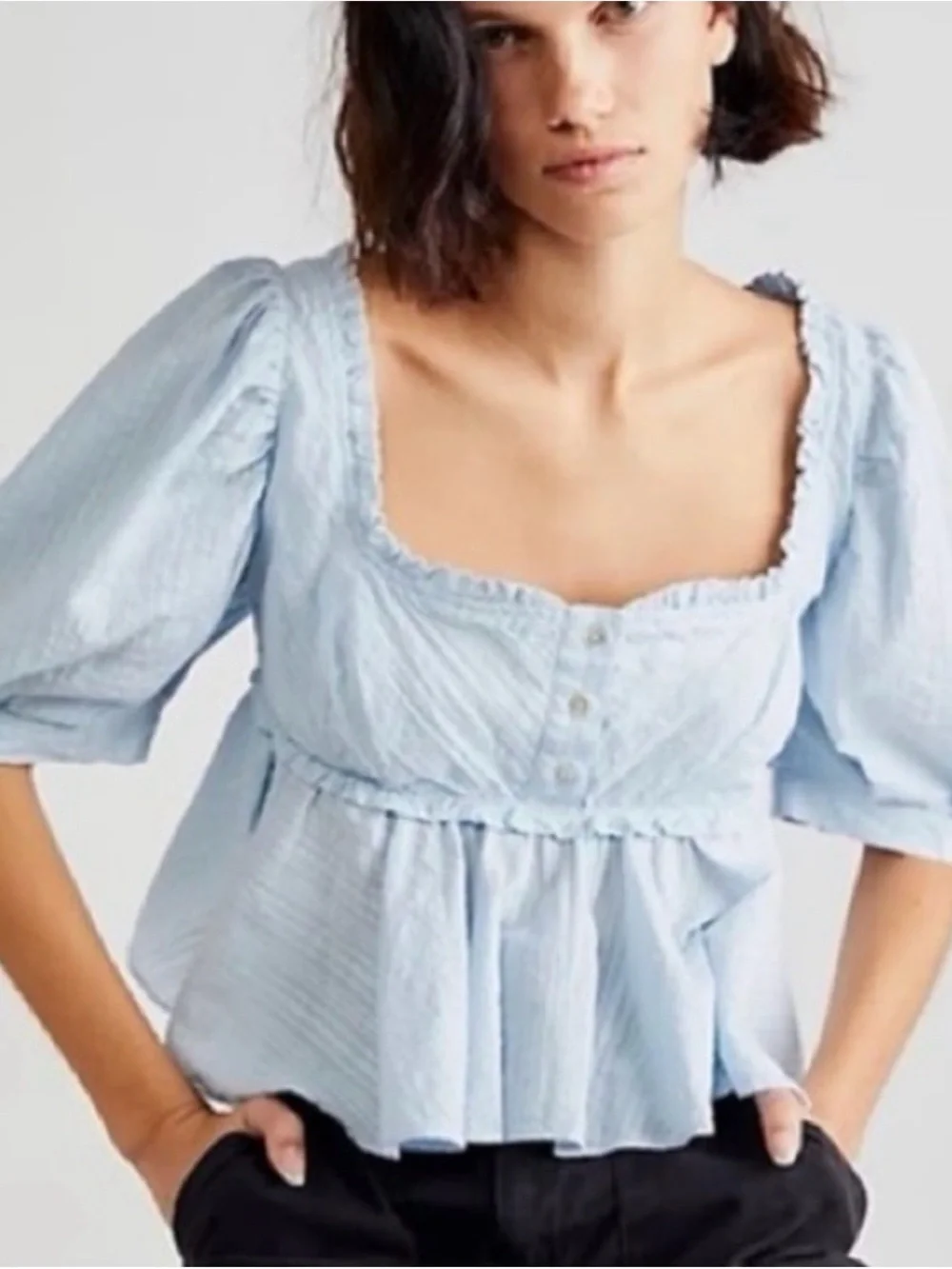 Free People Leave it to Me Pale Blue Square Neck Puff Sleeve Peplum Top